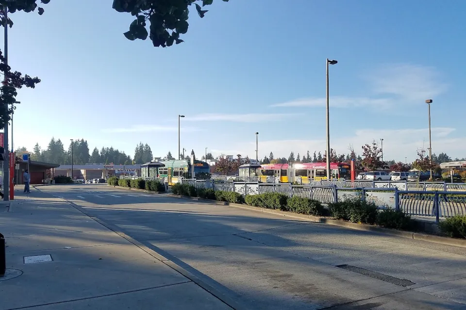 Bus terminal at Aurora Village Transit Center in Shoreline, Washington.